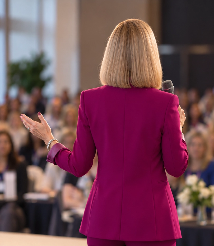 Tara Norbeck speaking on stage to an audience